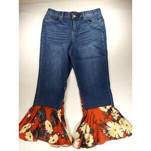 Versona Embellished Denim Crop With Floral Flounce Hem Contemporary Cotton 31